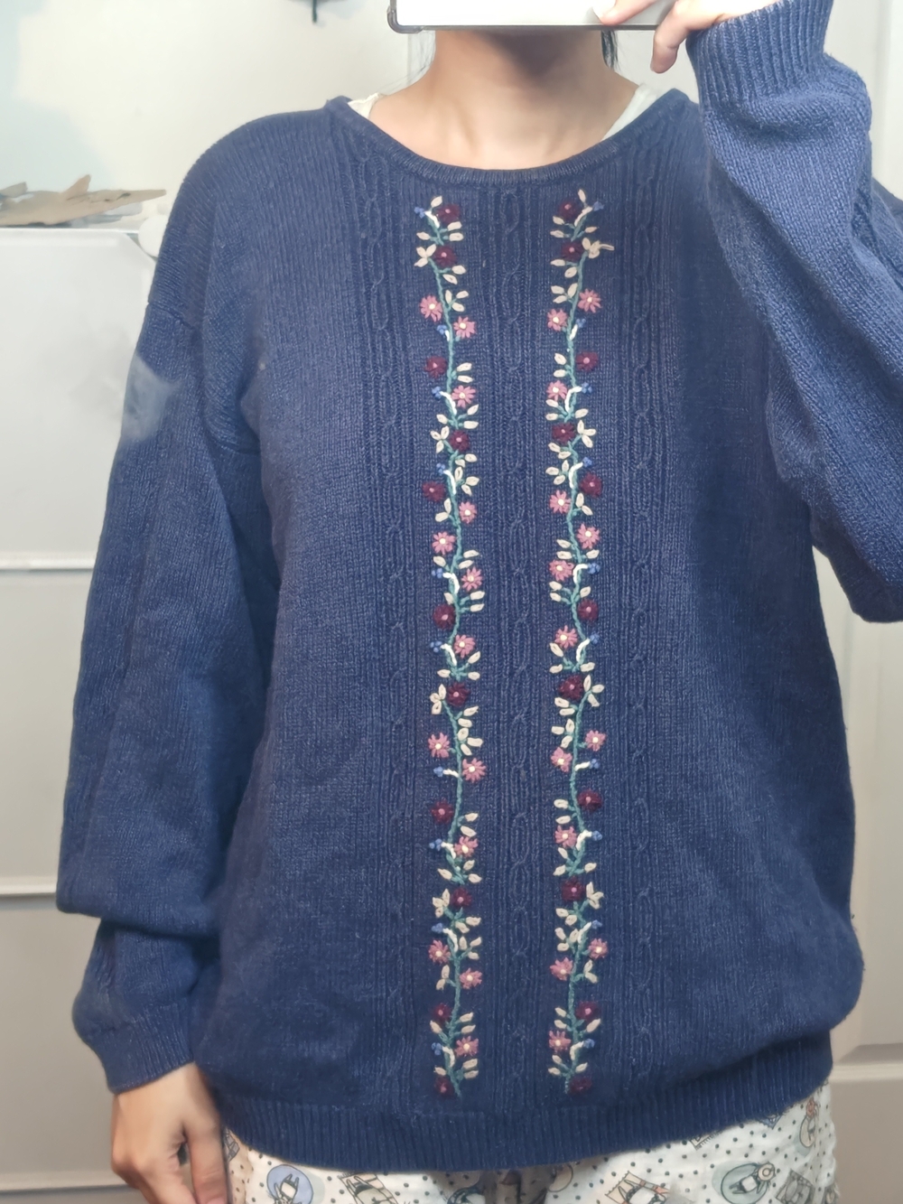 Embroidered Floral Crew Neck Navy Blue Knit Sweater Size M/L - Picture 7 of 7